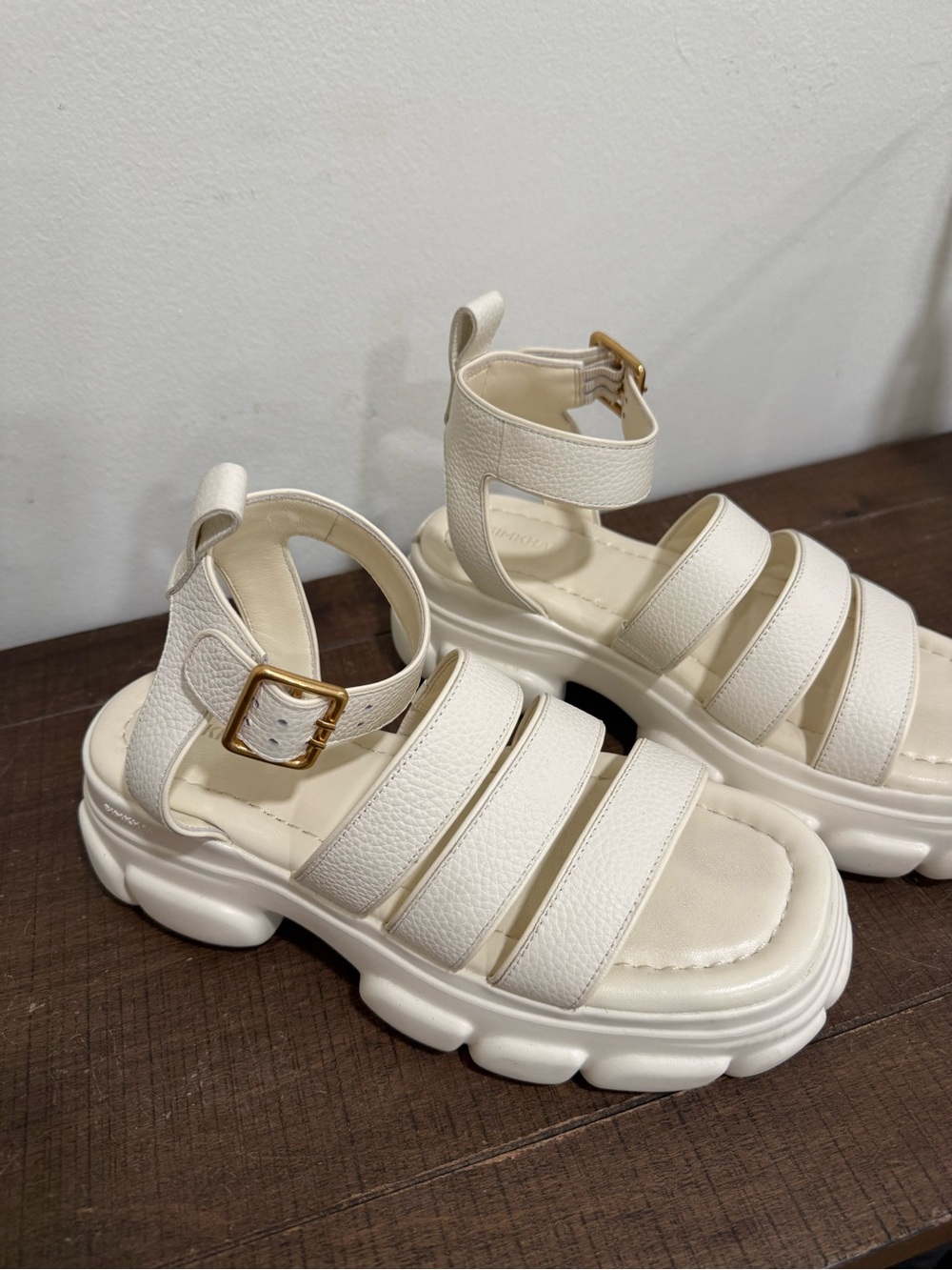 Jonathan Simkhai Cream Leather Platform Sandals with Gold Buckle